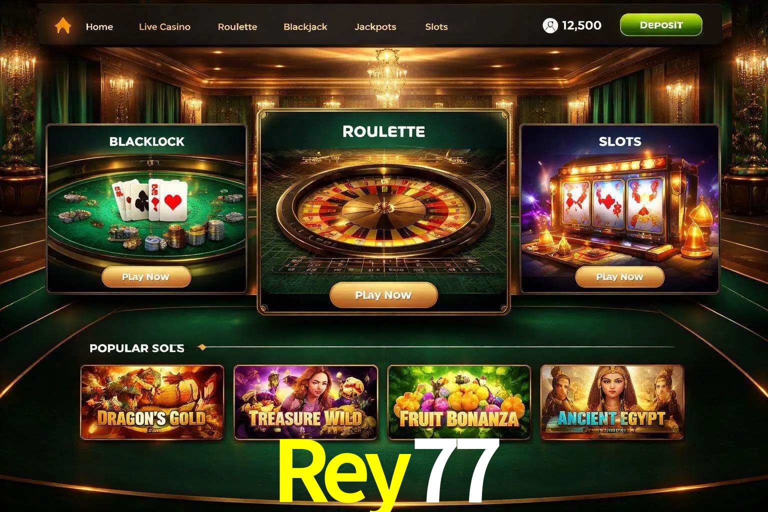 Vista de la plataforma Rey77 Casino mostrando categorías organizadas de juegos en línea